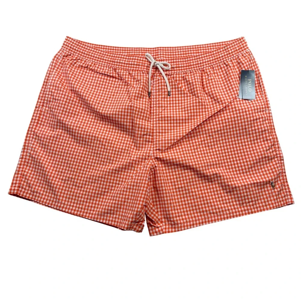 NEW Polo Ralph Lauren Swim Trunks Men 4XB Orange Gingham Check Drawstring‎